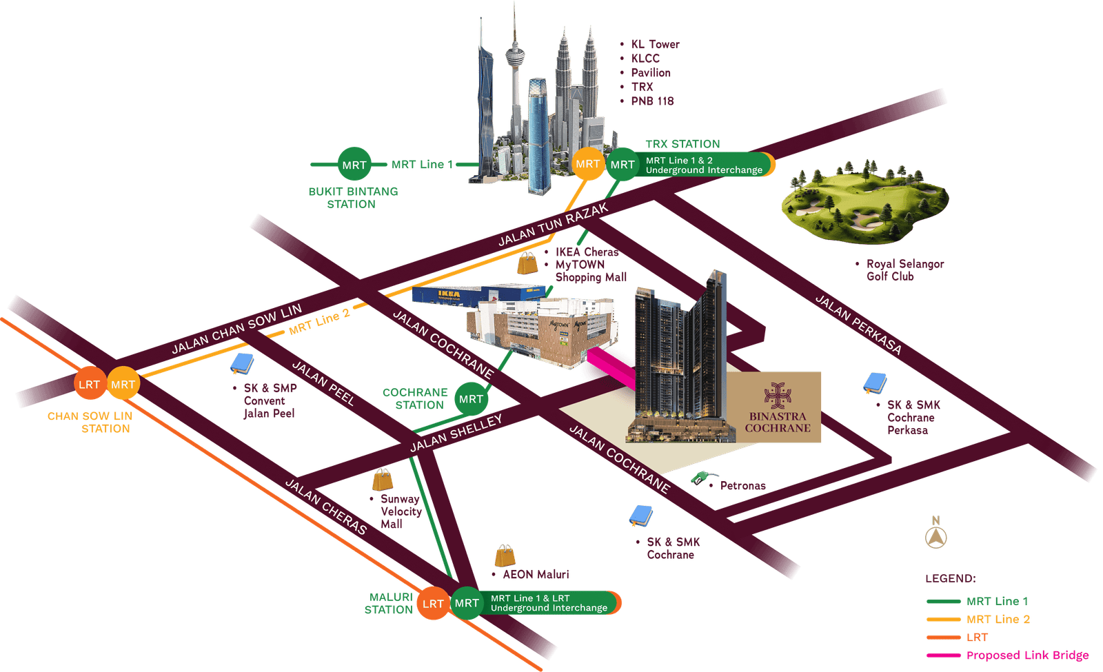 Illustrated map of Binastra Cochrane and its surrounding MRT stations, highways, and landmarks